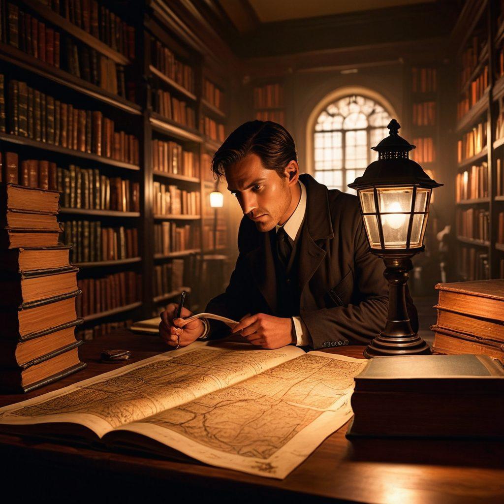 A captivating scene of a detective in a dimly lit library, surrounded by stacks of ancient books and a magnifying glass in hand, peering at a cryptic old map. In the background, shadowy whispers of ghostly figures hint at untold secrets, while a glowing lantern casts an inviting warmth. A sense of adventure, mystery, and intrigue encompasses the atmosphere. super-realistic. vibrant colors. dark ambiance.