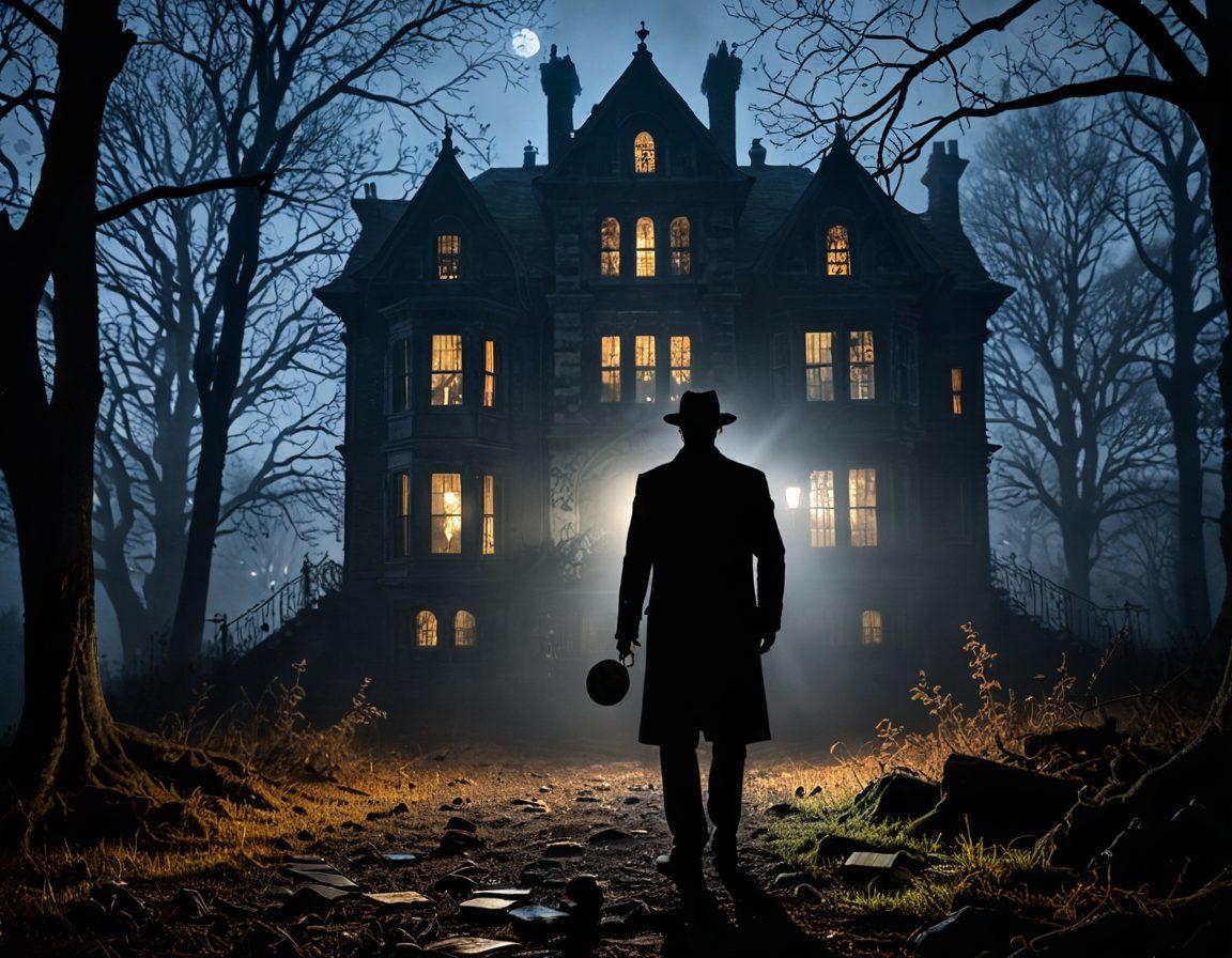 A shadowy figure standing at the edge of a foggy forest, holding a magnifying glass, where mysterious symbols glisten on the ground. In the background, an eerie moonlight illuminates an old, dilapidated mansion that seems to whisper secrets. Scattered across the scene are books and film reels depicting classic mystery scenes. The atmosphere should evoke intrigue and suspense. dark and moody. super-realistic. vibrant colors.
