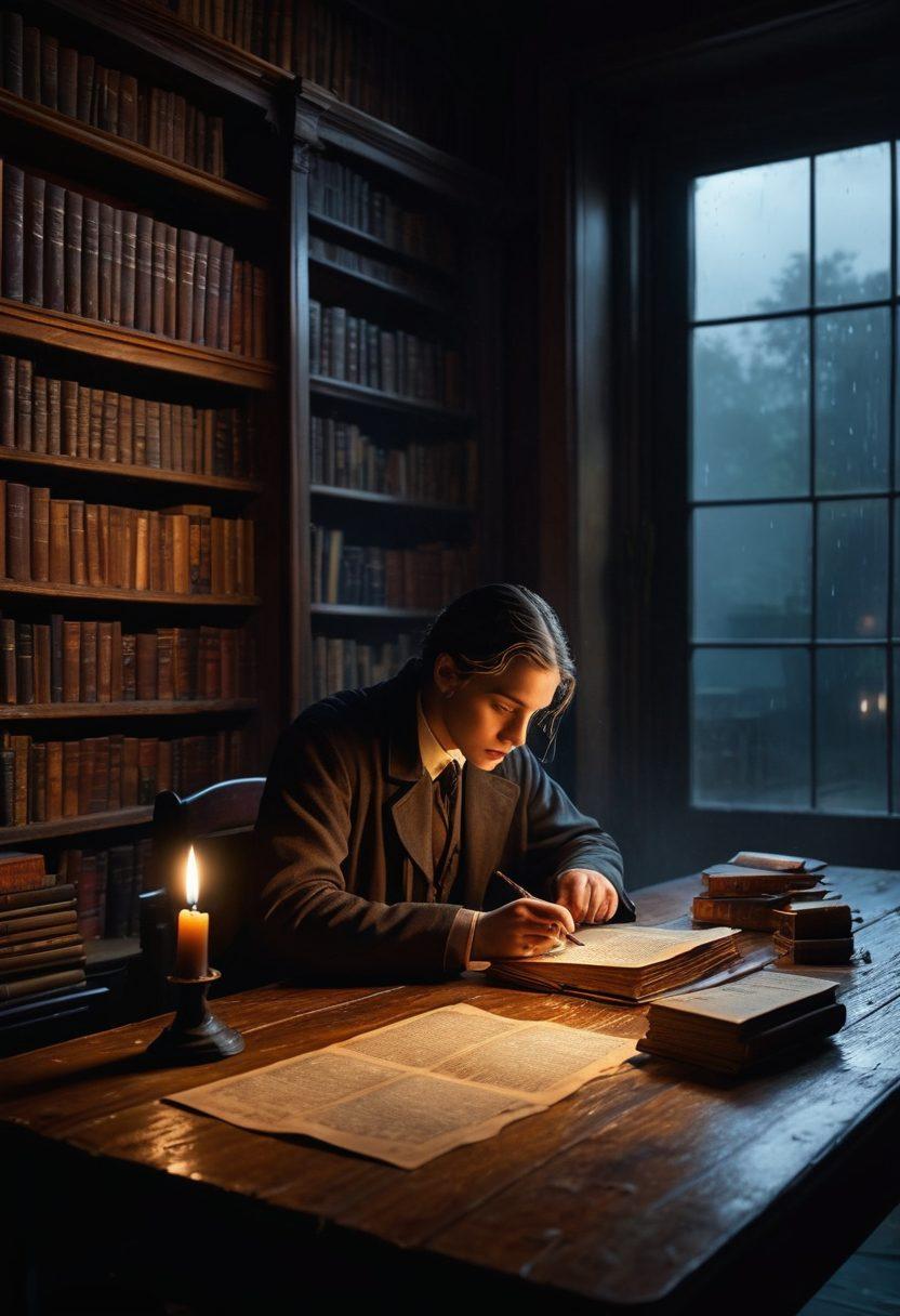 Illustrate a dark, atmospheric scene featuring a shadowy figure holding a magnifying glass, peering at cryptic clues scattered across an old wooden table. In the background, dimly lit, there are shelves filled with mystery novels, and a flickering candle casting eerie shadows. Include hints of a suspenseful chase outside through a rain-soaked window. The colors should be deep and moody, enhancing the feeling of intrigue and mystery. super-realistic. dark tones. atmospheric.